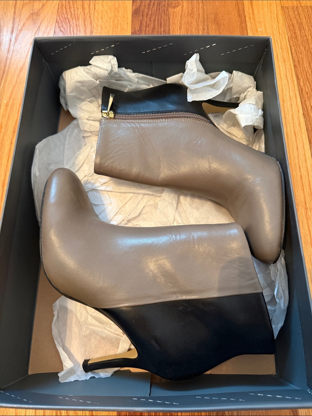 Ann Taylor Two-Tone Taupe and Black Leather Ankle Boots